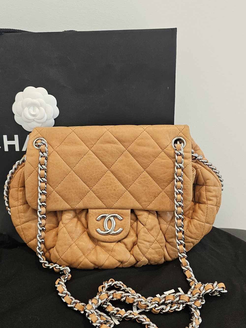 CHANEL Quilted Lambskin Shoulder Bag in Tan